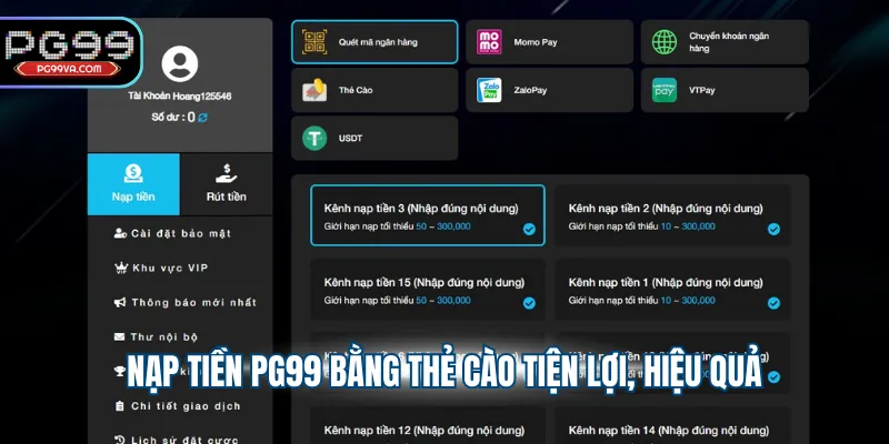 Nạp tiền PG99 bằng thẻ cào tiện lợi, hiệu quả